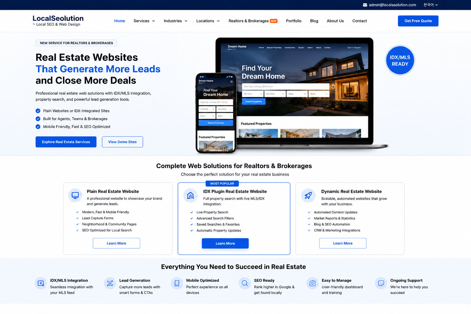 Realtor and brokerage website service with IDX property search shown on desktop and mobile devices